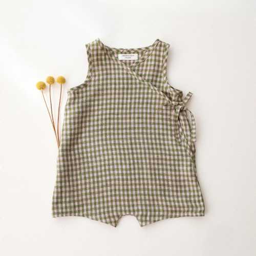 Wrap Romper in Grass Green Gingham Linen, Gender Neutral Baby Playsuit, Tie Side Romper, Minimalist Summer Outfit
