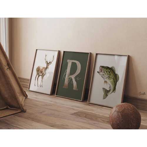 Personalized Nursery Prints – Buck Deer, Bass Fish, Name Initial Wall Art