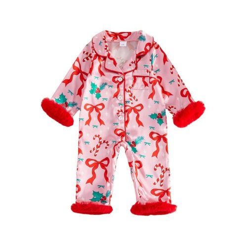 FULA-bao Newborn Baby Girl Silk Pajamas Striped Button Down Feather Trim Long Sleeve Satin Pjs Newborn One Piece Jumpsuit