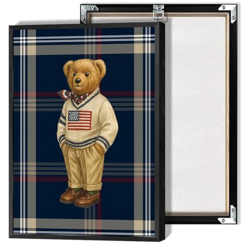 Retro Teddy Bear Poster Gentleman Bear in a Sweater Canvas Wall Art Minimalist Abstract Animal Tartan Magazine Prints Painting For Living Room Apartment Nursery Wall Decor 16x24in Wrapped Canvas