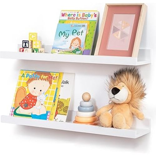Picture Ledge Shelf for Wall, 48 inches Solid Pine Wood Nursery Book Shelves 3 Pack, Floating Ledge Shelves for Kids' Room, Bedroom, Bathroom Long Floating Shelves for Wall, White