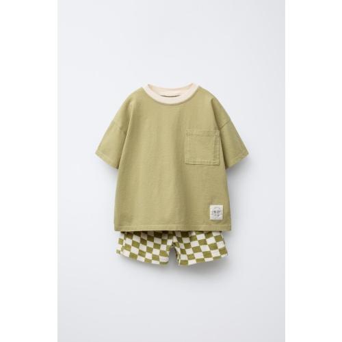 CHECKERBOARD T-SHIRT AND BERMUDA JOGGING SET - Ecru / Khaki | ZARA United States