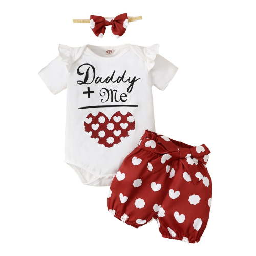 Newborn Baby Girls Clothes 3 Months Infant Girls Summer 3PCS Outfits Letter Print Short Sleeve Romper Top Heart Print Shorts Headband Set White