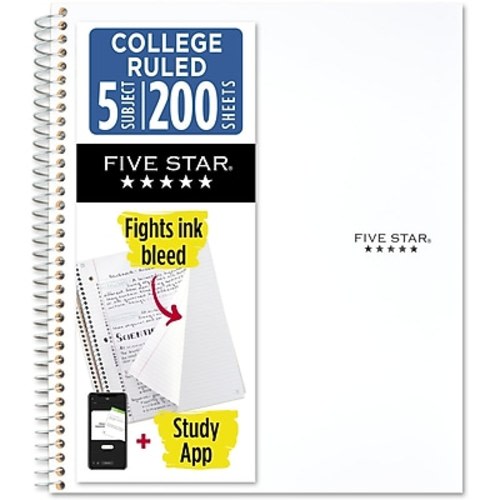 Five Star Five Star with Study App 5-Subject Subject Notebooks, College Ruled, 200 Sheets, White (820004B-ECM24)