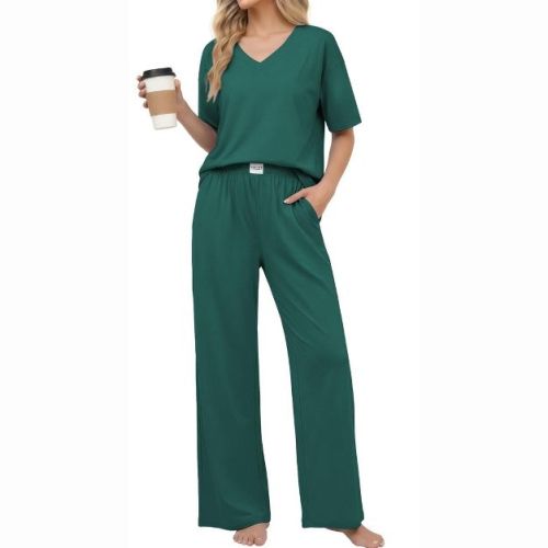 Ekouaer Women' Cotton Pajama Sets Soft Short Sleeve Pjs Long Pants Set Breathable Sleepwear Loungewear Green L