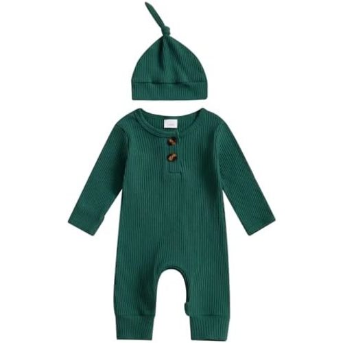 Newborn Baby Boy Girl Clothes Infant Ribbed Romper Solid Long Sleeve Knit Bodysuit Jumpsuit Hat Coming Home Outfit