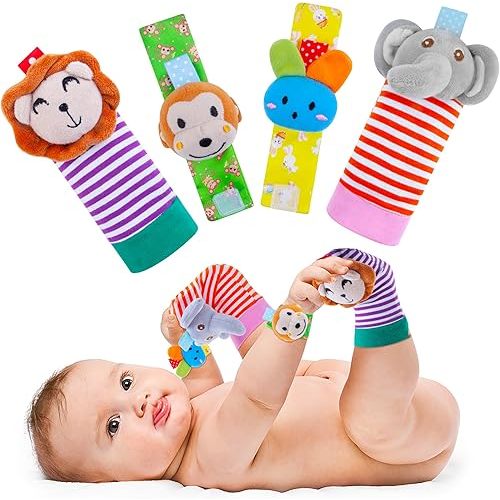 Baby Rattle Cotton Socks and Wrist Rattle Strap Set, Infant Toys 0 3 6 9 12 Months, Baby Gifts for Boys and Girls, Develop Babies Sensory Toys