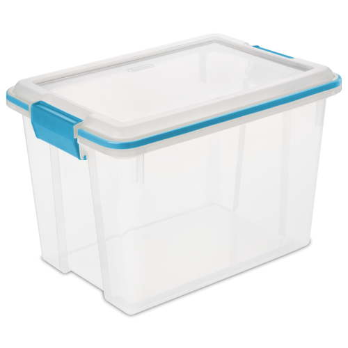 Sterilite 20 Quart Clear Plastic Storage Container with Gasket Lid, Blue Latches