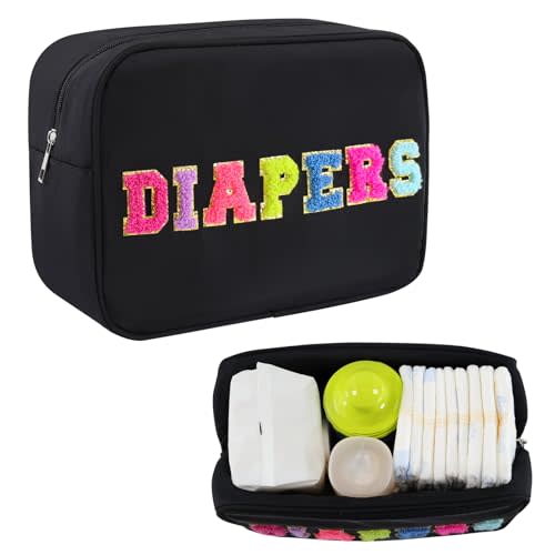 Portable Small Diaper Bag, Chenille Letter Diaper Caddy Organizer Pouch Newborn Baby Essentials Must Haves for Nursery Changing Table, Black Waterproof Diaper Pail Baby Shower Gifts for Mom To Be