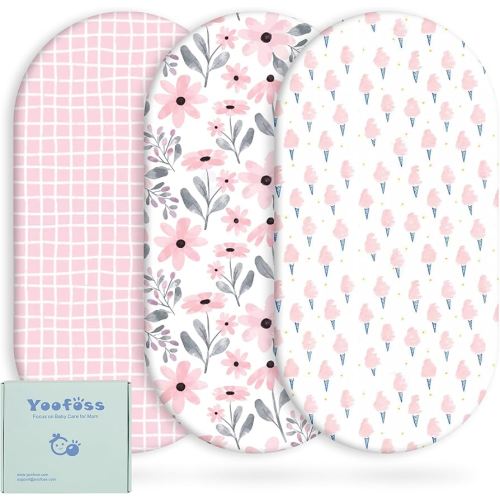 Yoofoss Bassinet Sheets for Baby,3-Pack Fitted Bassinet Sheets Set Compatible with Halo Bassinest Swivel Sleeper,Baby Delight,Angelbliss,Soft Breathable Bassinet Mattress Sheets (Pink+Floral)