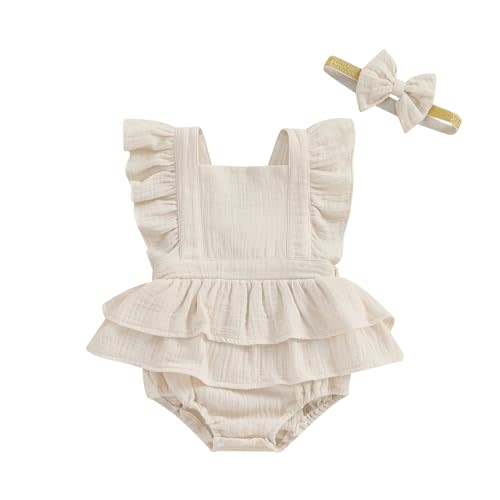MERSARIPHY Newborn Baby Girl Summer Outfit Linen Ruffle Bubble Romper Dress One Piece Bodysuit Jumpsuit Infant Summer Clothes