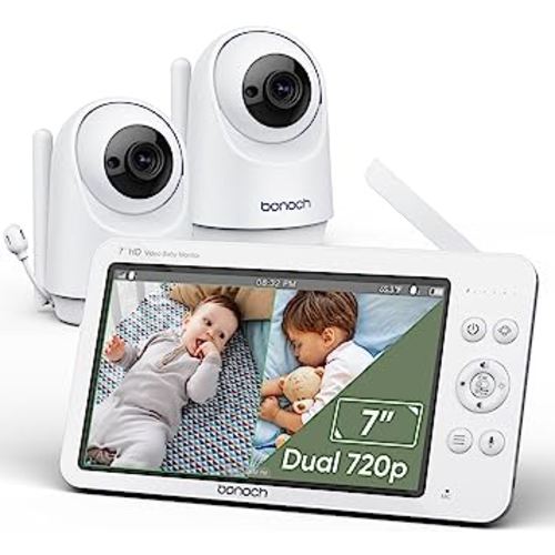 bonoch Baby Monitor with 2 Cameras, 7" 720P HD Split Screen Video Baby Monitor No WiFi, Baby Monitor with Camera and Audio, 6000mAh, 1000ft Range, Sound Detect, Remote PTZ, VOX Mode, Auto Night Vision