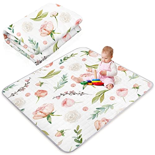 Funtery 43 x 43 Inch Boho Baby Play Mat Portable Crawling Washable Foldable Tummy Time Non Slip Baby Floor Large Playpen Mat for Infants Toddlers Floor Playpen Activity(Flower Theme)