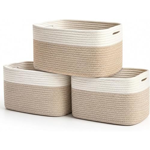OrganiHaus Soft Woven Baskets for Storage Organization Set of 3, Cotton Rope Storage Baskets for Shelves, Square Book Bins, Bathroom Towel Hamper, Panier Rangement - Light Honey