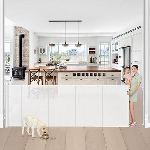 Reinforced 42” Tall x 100” Extra Wide Retractable Baby Gate for Large Openings Tall Baby Gates for Dogs Pet Gate with Rods to Prevent Crawling Through, Extra Wide Mesh Dog Gate, White