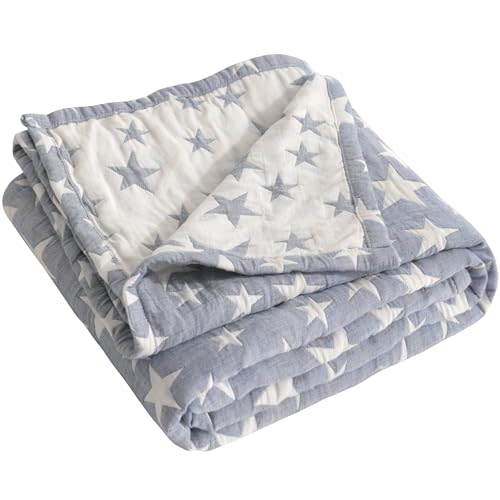 NTBAY 3 Layer Muslin Toddler Blanket, 30 x 40, Blue | Breathable Muslin Cotton Outer Layers with Light Thermal Fill, Reversible for Stroller, Daycare, Travel, and Supervised Use