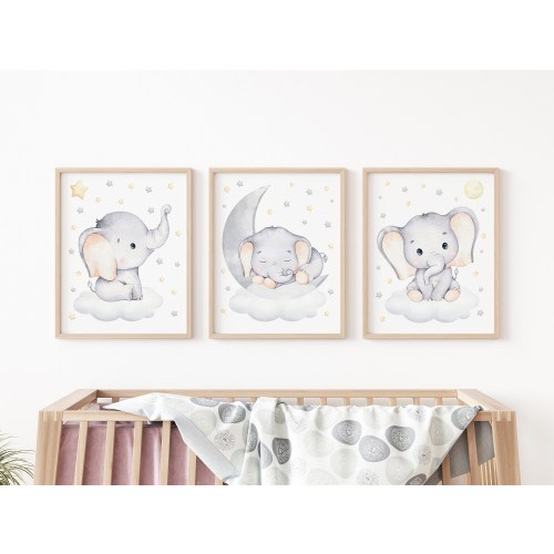 Elephant Nursery Wall Decor, Moon and Stars Nursery Art, Gender Neutral Nursery Art, Safari Animals Art Prints, Baby Boy Nursery Decor