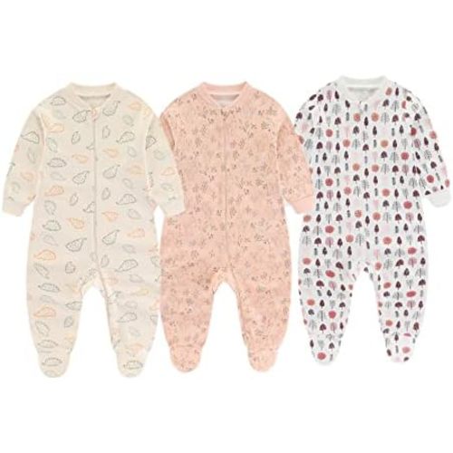 Chamie Newborn Baby Boy Girl Cotton Bodysuit Unisex Infant Zipper Long Sleeve Jumpsuit 3-Pack Outfits Clothes,0-12Months