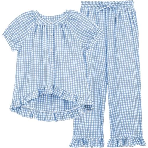 Tanming 2 Piece Sets for Women Gingham Button Down Short Sleeve Tops Ruffle Plaid Pants Pajamas Lounge Set