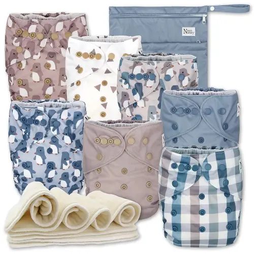 Nora's Nursery Cloth Diapers 7 Pack with 7 Inserts & 1 Wet Bag - Waterproof Cover, Washable, Reusable & One Size Adjustable Pocket Diapers for Newborns and Toddlers - Winter Waddle