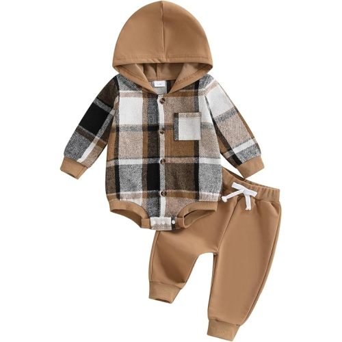 Douhoow Infant Baby Fall Clothes Boy Girl Plaid Hoodie Sweatshirt Romper Flannel Tops+ Sweatpants Festival Outfits