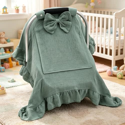 Muslin Car Seat Cover with Bow, Handmade Carseat Canopy with Mesh Window | Compatible with Doona, Graco, Chicco, Evenflo Car Seat, Breathable Fabric, Easy Access Baby Carrier Cover for Girls Boys