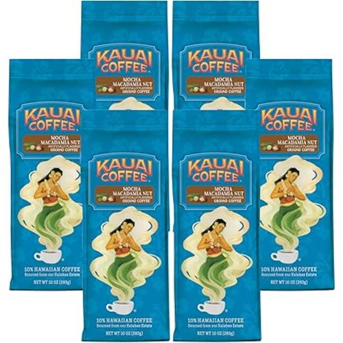 Kauai Coffee Ground Coffee – Smooth, Rich, Medium Roast – Chocolate Flavor and Nutty Aroma – Arabica Coffee, 10% Hawaiian with No Bitterness – Mocha Macadamia Nut, 6 Packs of 10oz