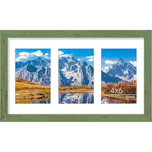 Vittanly 8x14 Picture Frames Collage Wall Decor, Displays 3Pcs 4x6 Pictures with Mat or 1Pcs 8x14 without Mat, Collage Picture Frame for Horizontal or Vertical Display, Rustic Green, 1 Pack