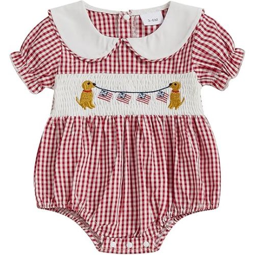 Adobabirl Baby Girl 4th of July Outfit Newborn American Flag Smocked Bubble Romper Puff Sleeve Jumpsuit Patriotic Clothes