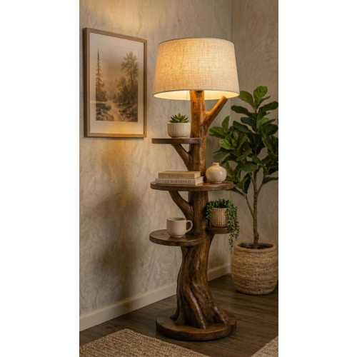 Tree Trunk Floor Lamp, Rustic Wooden Shelf Lamp, Natural Wood Standing Light, Farmhouse Plant Display Lamp, Cabin Living Room Decor