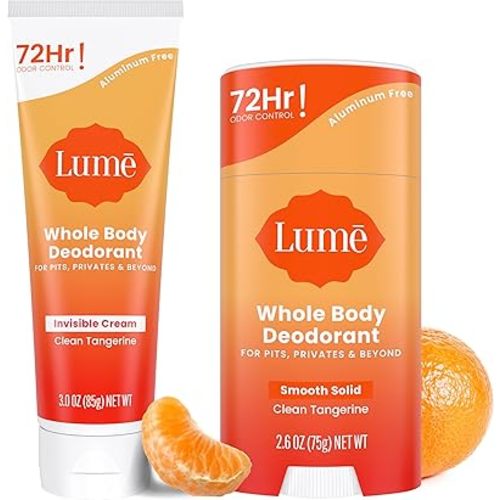 Lume Whole Body Deodorant - Invisible Cream Tube and Solid Stick - 72 Hour Odor Control - Aluminum Free, Baking Soda Free, Skin Safe - 3.0 Ounce Tube and 2.6 Ounce Solid Stick Bundle (Clean Tangerine)