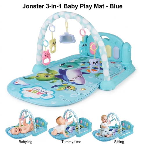 Jonster 3-in-1 Baby Play Mat, Activity Gym with Piano and Toys, Tummy Time Mat, Blue