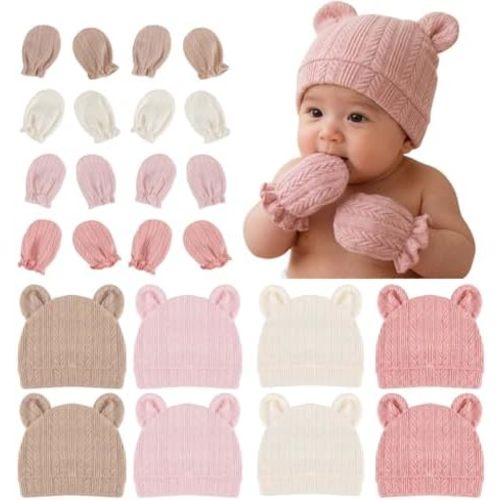 8 Sets Newborn Baby Hats & Mittens Cotton Preemie Infant Bow Beanies Caps Gloves Hospital New Born Boy Girl 0-3 Month