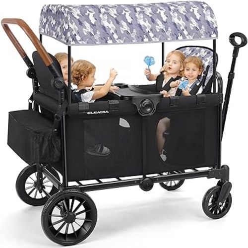 ELEMARA 4 Seater Wagon Stroller, 2025 Premium Stroller Wagon for 4 Kids, Foldable All-Terrain Wagon for Kids with Canopy, Adjustable Push/Pull Handles,Convertible High Seat&Organizer, Black+Purple