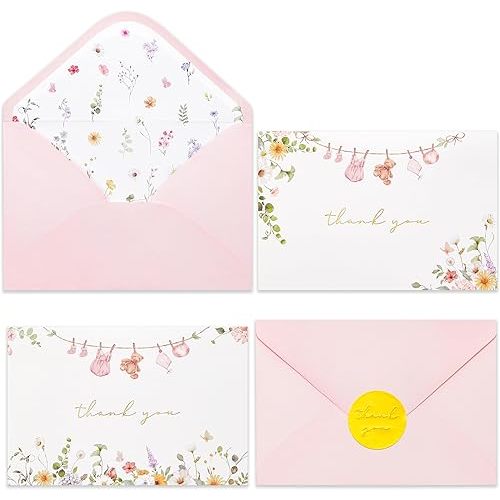 Crisky Baby Shower Pink Gold Thank You Cards (50 Pack) with Envelopes & Stickers Girl Baby Shower Greeting Cards Bulk, Watercolor Delicate Wildflower for Baby Shower Party