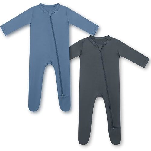 HAPIU Rayon from Bamboo Baby Footed Pajamas, 2 Way Zipper YKK, Footie Onesie for Baby Boy Girls, Newborn-24 Months - Moonlight Blue & Dark Grey - 3-6 Months