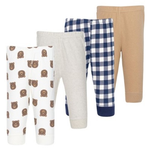 Hudson Baby Basics Infant Boy Comfy Cotton Pants 4-Pack, Cozy Bear Adventure, Newborn