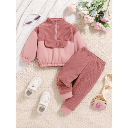 2pcs Asual Sport Set for And In Autumn And Winter Styles, Consisting Of A Long Sleeve 12-18mth Sweatshirt with Pink Color Blocking And A Zipper Neckline Design, Along with Pink Ribbed Long Pant, Fall Outfit, Casual Wear, Fall Clothes, Casual Sporty Look, 