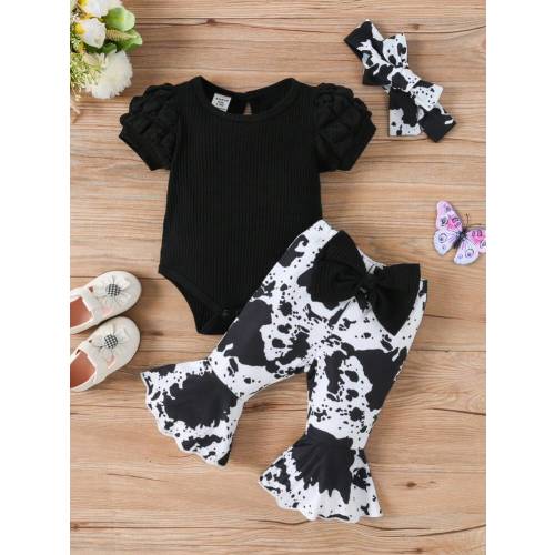 Baby Girl Fashionable And Casual Puff Sleeve Ribbed Bodysuit With Printed Flare Pants, Cute Hair Accessory, Simple Set For Spring And Summer | SHEIN USA