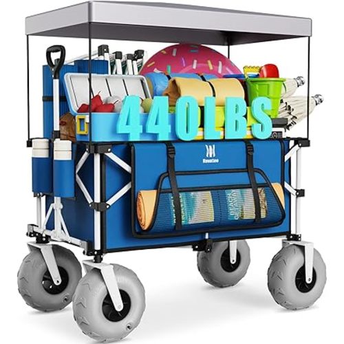 Collapsible Beach Wagon 200L Extra Large Beach Cart with Canopy, 9" Tires, Blue