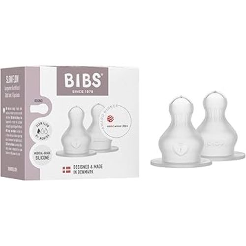 BIBS Bottle Nipple 2-Pack. Anti-Colic. Extra Nipples for BIBS Baby Bottles. Round Nipple. - Silicone, Slow Flow