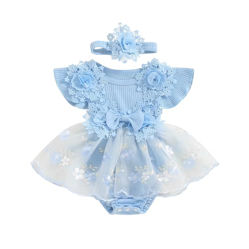 Hnyenmcko Newborn Baby Girl Summer Romper Dress Infant Fly Sleeve Flower Embroidery Mesh Tulle Skirt Hem Ribbed Bodysuit