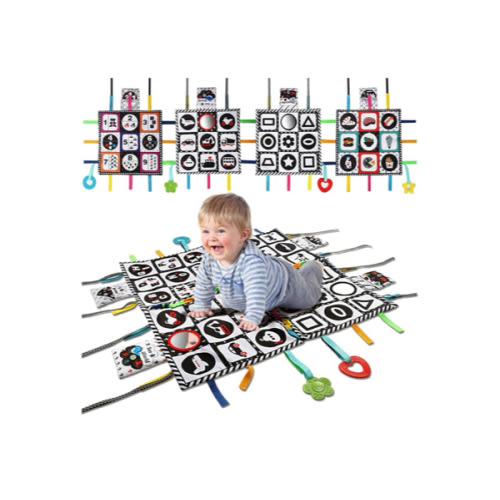 teytoy Tummy Time Floor Mirror, Double High Contrast Play and Pat Activity Mat Black and White Baby Crinkle Toys with Teether, Great Gift for Infants Boys and Girls -Pack of 4