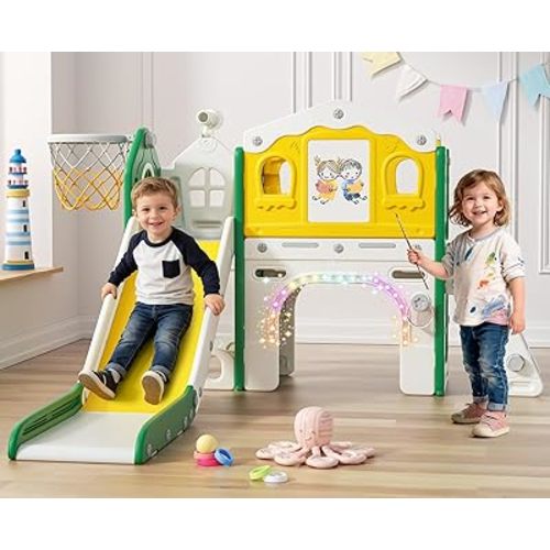 BIERUM 9 in 1 Toddler Slide Set - Baby Slide for Toddlers 1-3 with Colorful Lights, Drawing Board and Building Blocks Board, Indoor Outdoor Toddler Playset Playground, Green Yellow