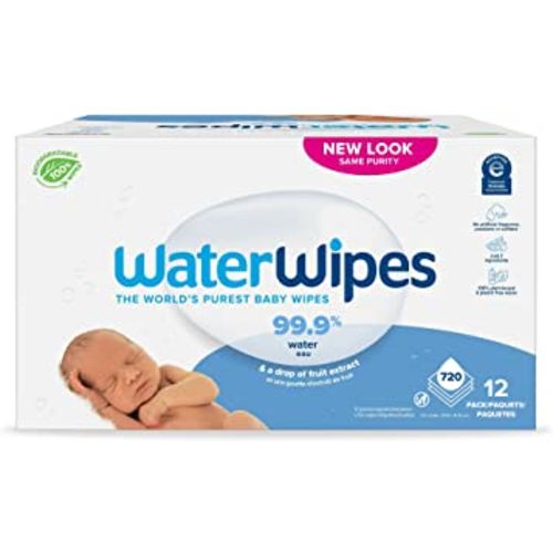 WaterWipes Plastic-Free Original Baby Wipes, 99.9% Water Based Wipes, Unscented & Hypoallergenic for Sensitive Skin, 720 Count (Pack of 12), Packaging May Vary