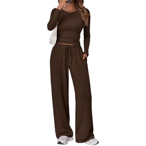 Trendy Queen Women's 2 Piece Matching Lounge Set Long Sleeve Side Ruching Top Wide Leg Drawstring Pants Set with Pockets