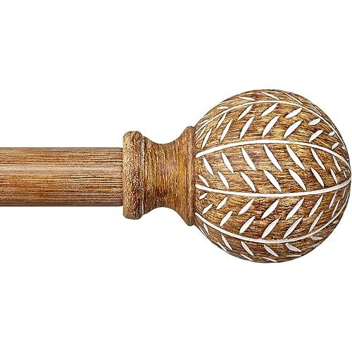 Wood Curtain Rods for Windows 48 to 84 Inch,1'' Diameter Drapery Rods with Imitation Wood Grain Leaf Pattern Finials,Boho Adjustable Heavy Duty Curtain Rods Set,36-88'',Color:Natural Wood