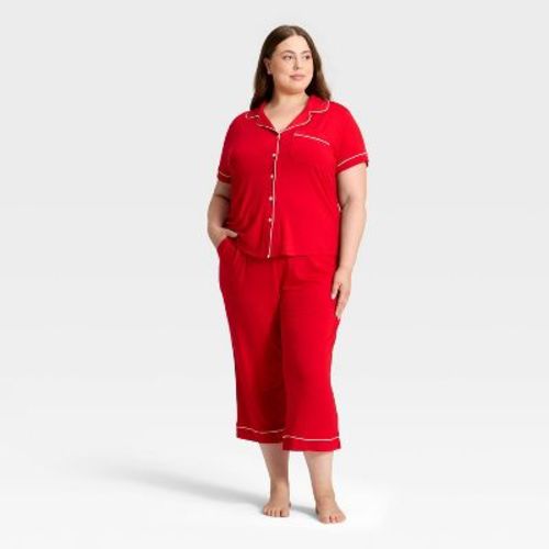 Women's Cloud Knit Modal Short Sleeve Notch Collar Top and Capri Pants Pajama Set - Auden™