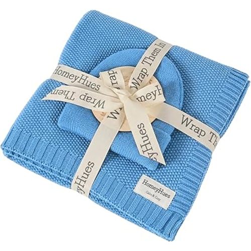 Baby Blanket and Beanie Set - 100% Cotton Newborn Blanket (30x40 in), Soft Breathable Infant Bedding, Thoughtful Shower Gift for Boys & Girls.(Dusty Blue)