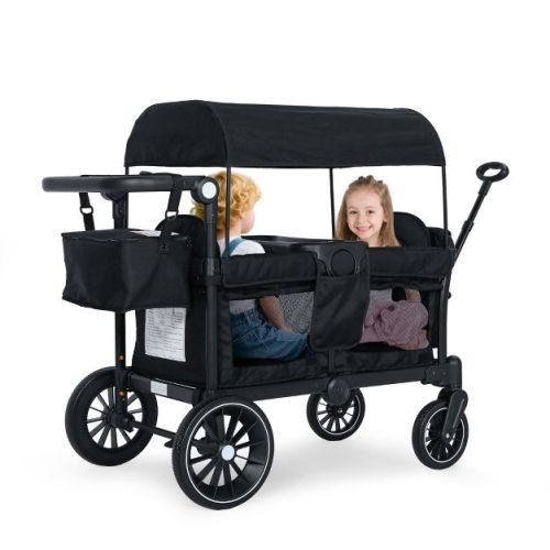Kinder King 2-Seat Wagon Stroller, All-Terrain Foldable Stroller Wagon for Toddlers with Canopy, Snack Tray & Push/Pull Bar
